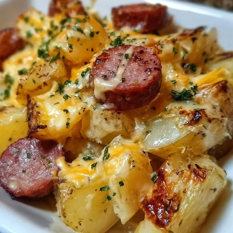 Cheesy ranch potatoes with smoked sausage in a baking dish