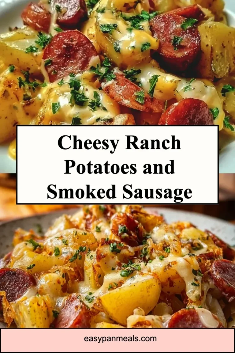Cheesy ranch potatoes with smoked sausage on a plate, garnished with fresh herbs