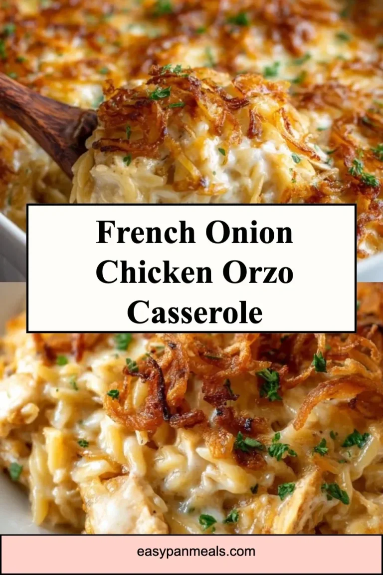 French Onion Chicken Orzo Casserole with melted cheese and herbs