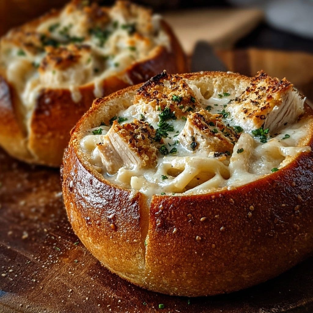 Chicken Alfredo Garlic Bread Bowls