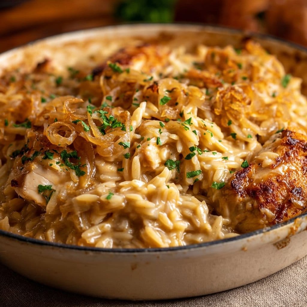 French Onion Chicken Orzo Casserole