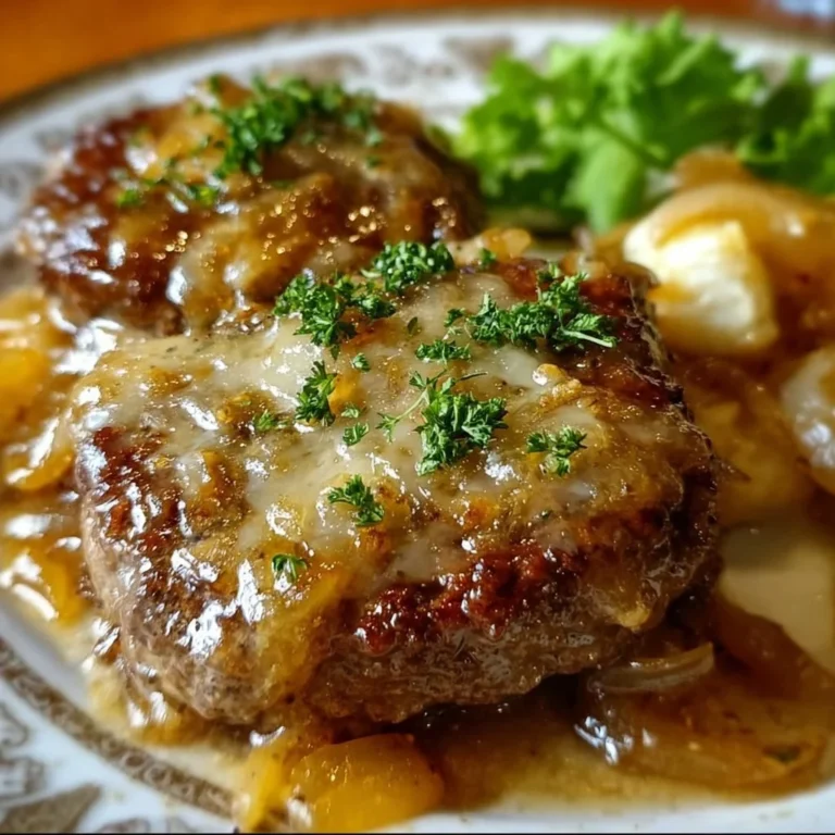 Amish Hamburger Steak Bake served with rich gravy and side dishes