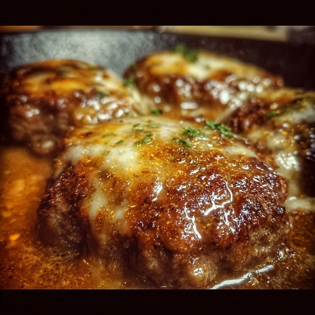 Delicious Amish Hamburger Steak Bake served in a rustic dish.