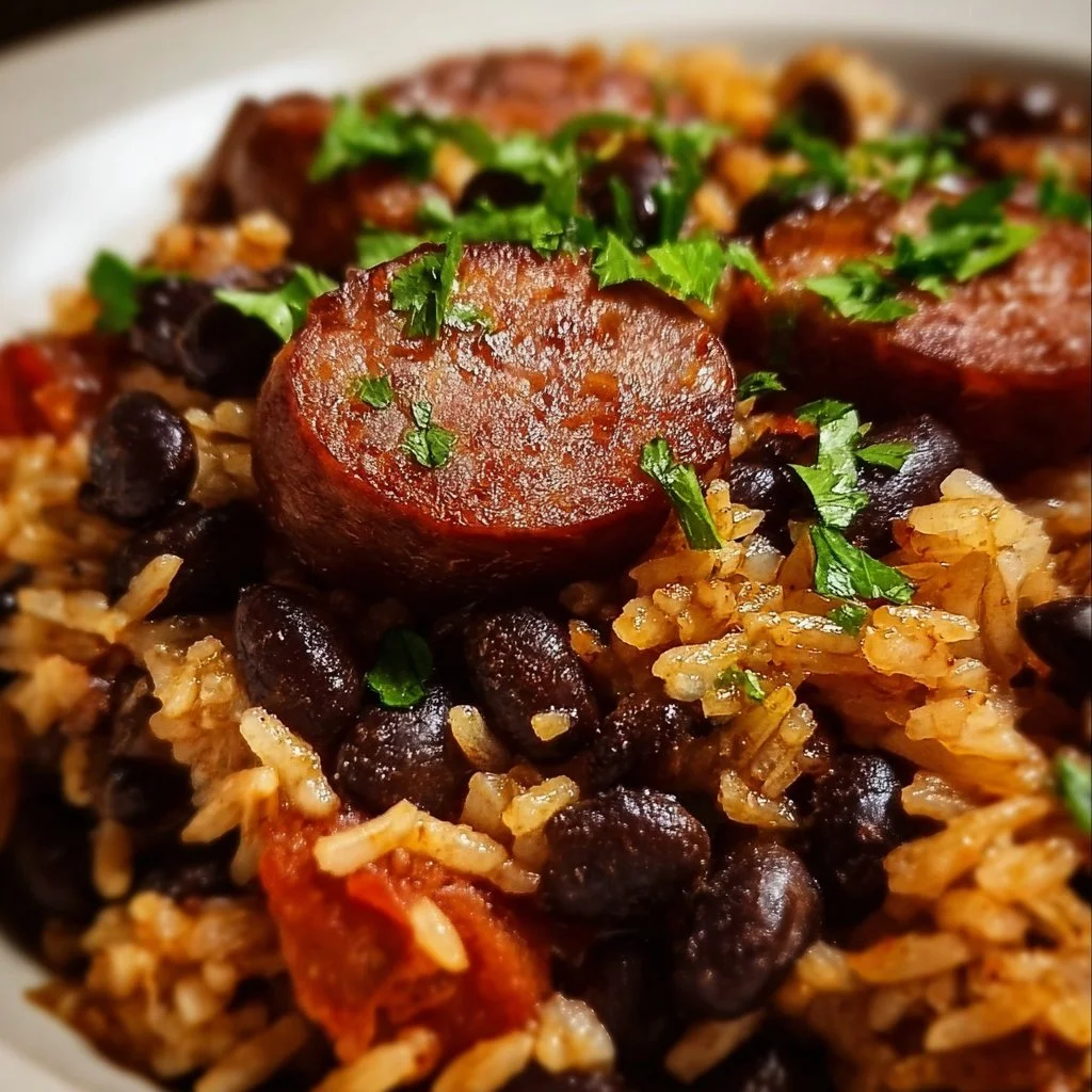 Delicious black beans and rice with sausage served in a bowl