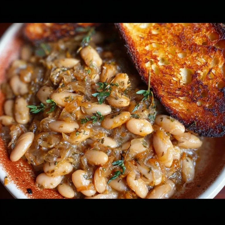 Delicious caramelized onion cannellini beans dish garnished and ready to serve.