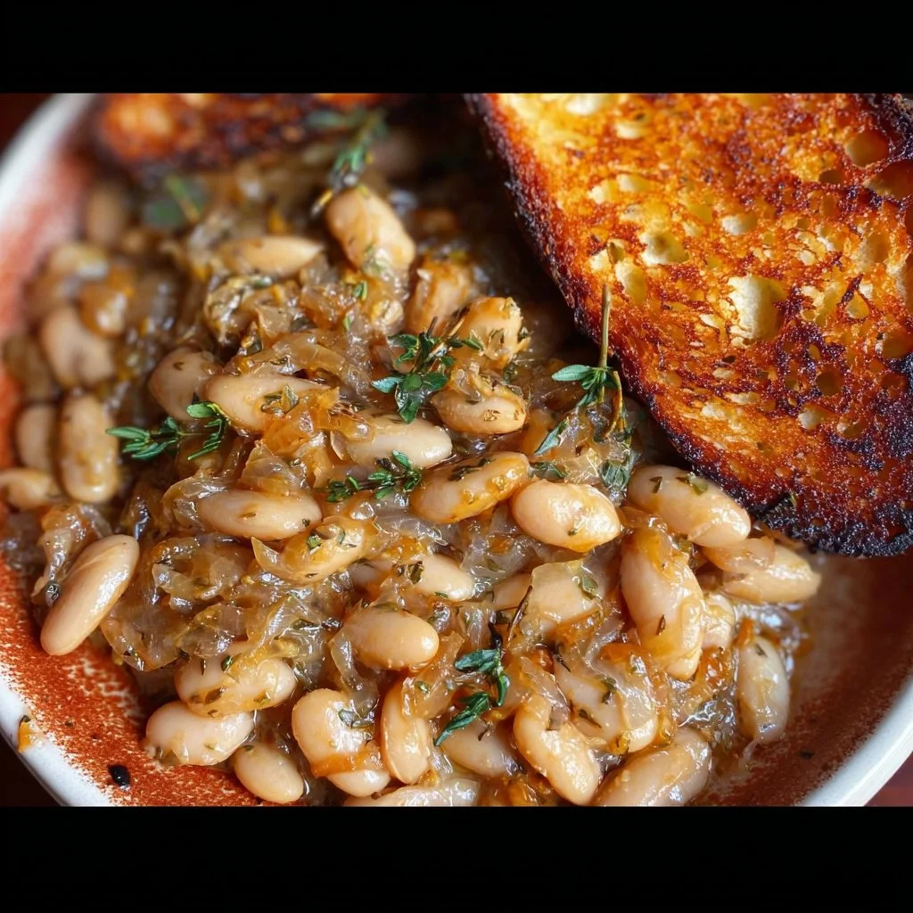 Delicious caramelized onion cannellini beans dish garnished and ready to serve.