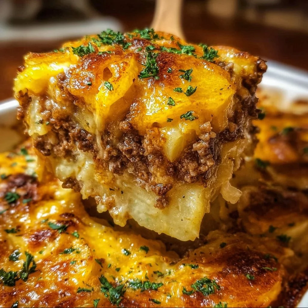 Cheesy Hamburger Potato Casserole served in a baking dish