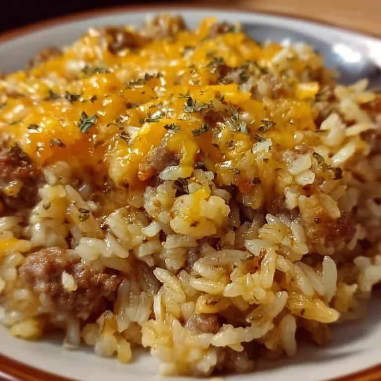 Cheesy hamburger rice casserole served in a baking dish with melted cheese and herbs.