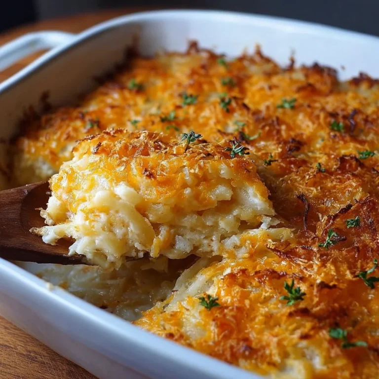 Delicious cheesy hashbrown potato casserole baked to perfection