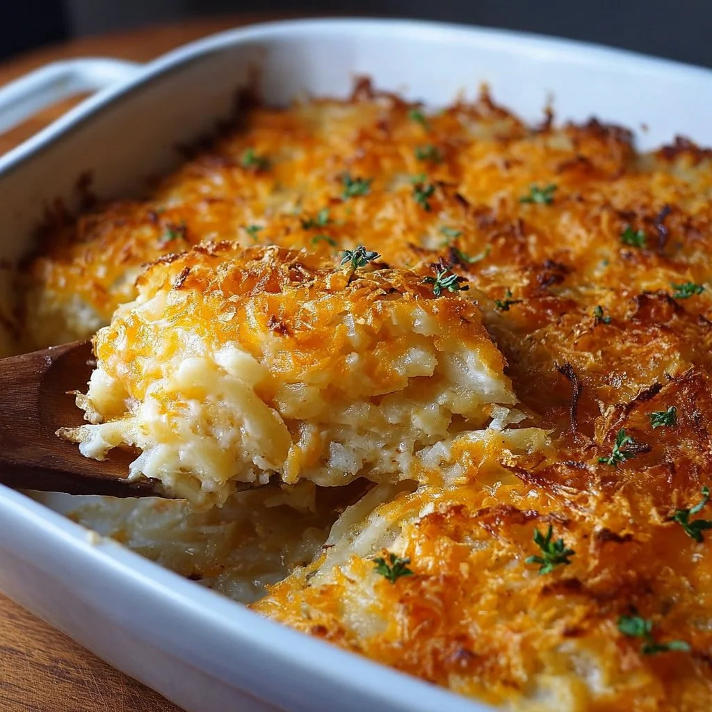 Delicious cheesy hashbrown potato casserole baked to perfection