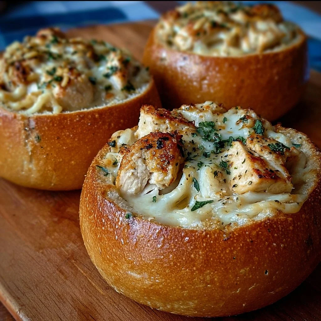 Delicious Chicken Alfredo served in crispy garlic bread bowls