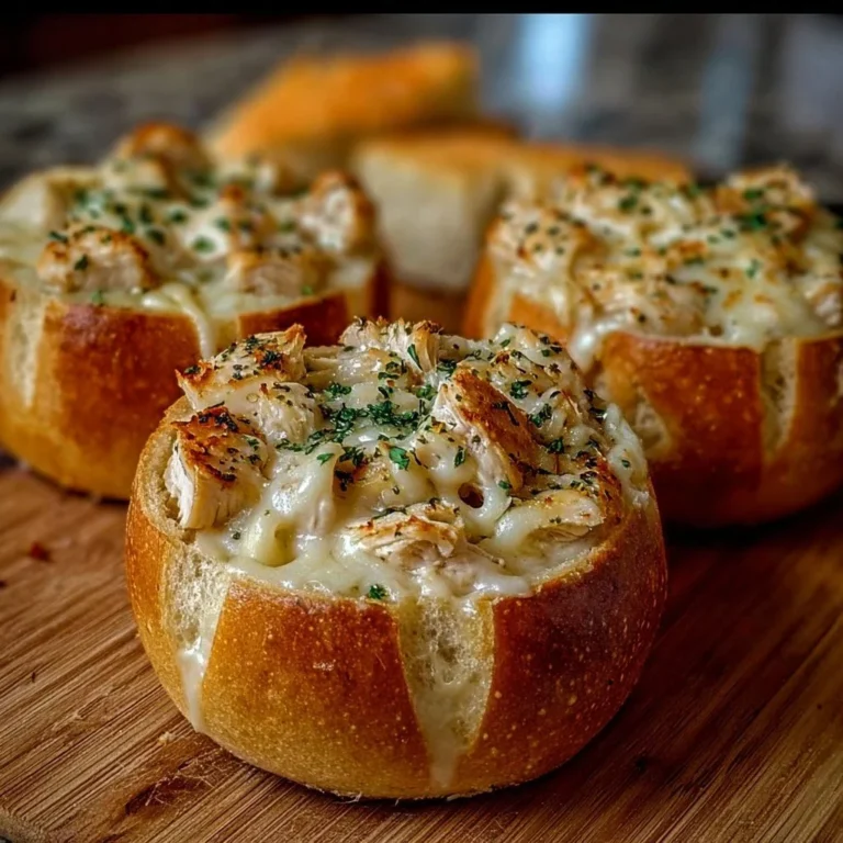 Delicious Chicken Alfredo Garlic Bread Bowls served with creamy sauce and herbs