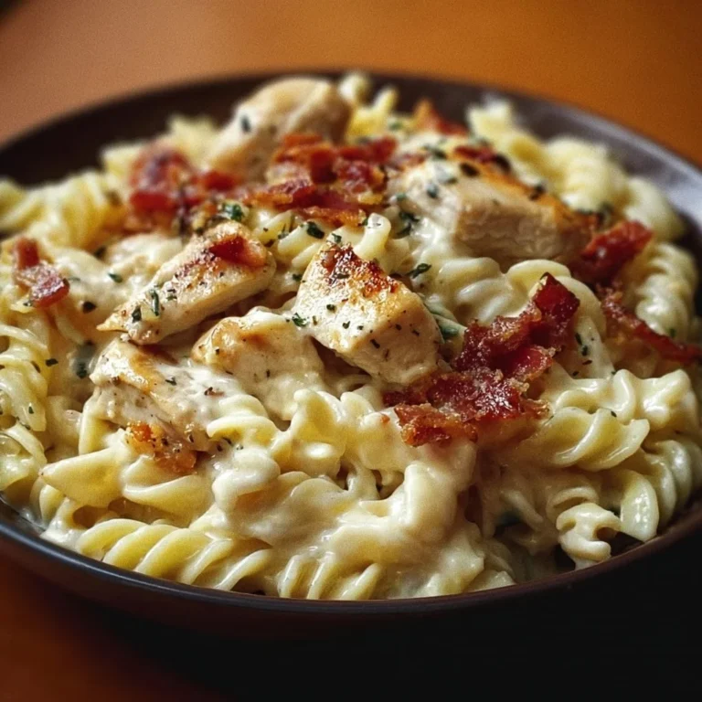 Creamy Chicken Bacon Ranch Pasta served in a bowl with bacon and herbs