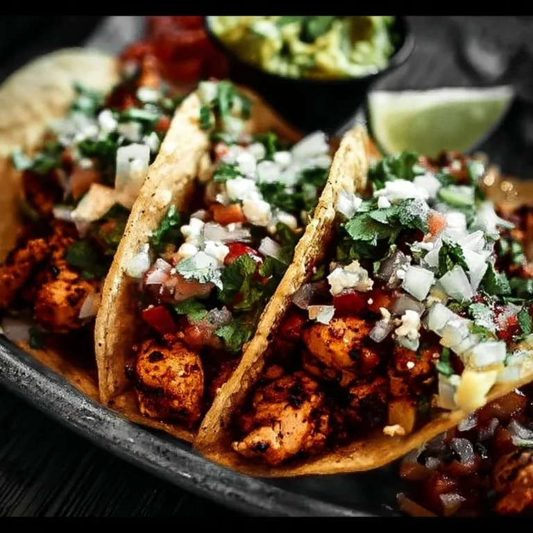 Plate of flavorful Chicken Street Tacos topped with fresh cilantro and onions