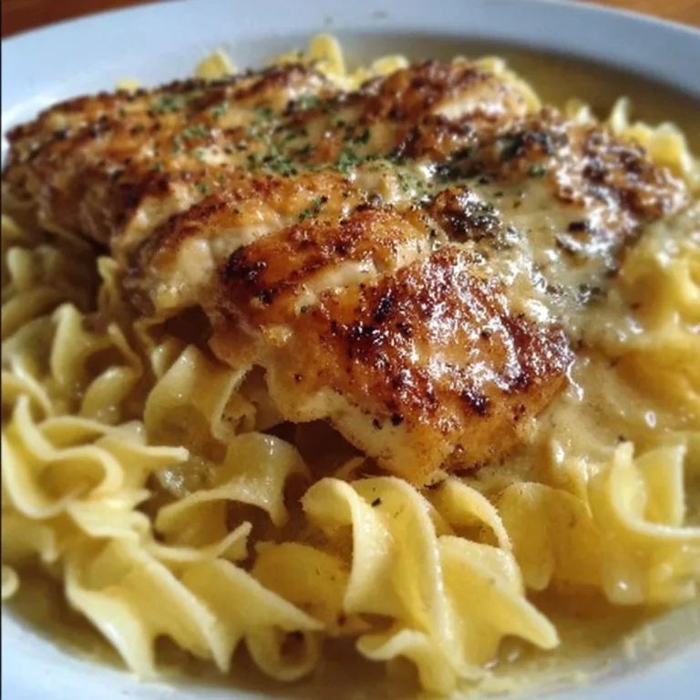 Plate of chicken served with creamy buttered noodles