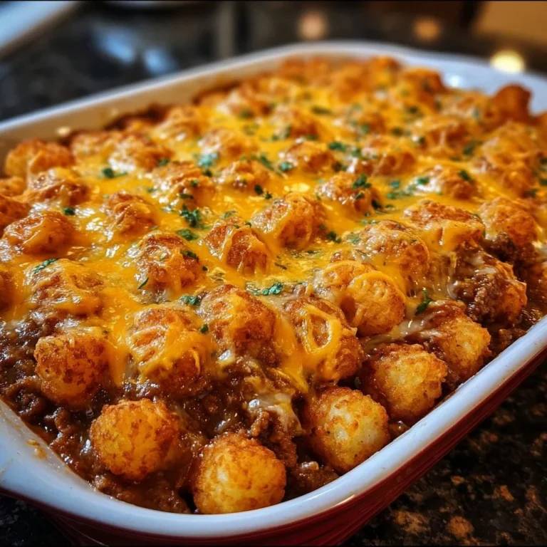 Chili Cheese Tater Tot Casserole served in a baking dish