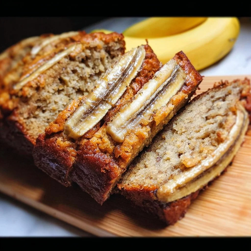 Delicious homemade Classic Banana Bread loaf with ripe bananas