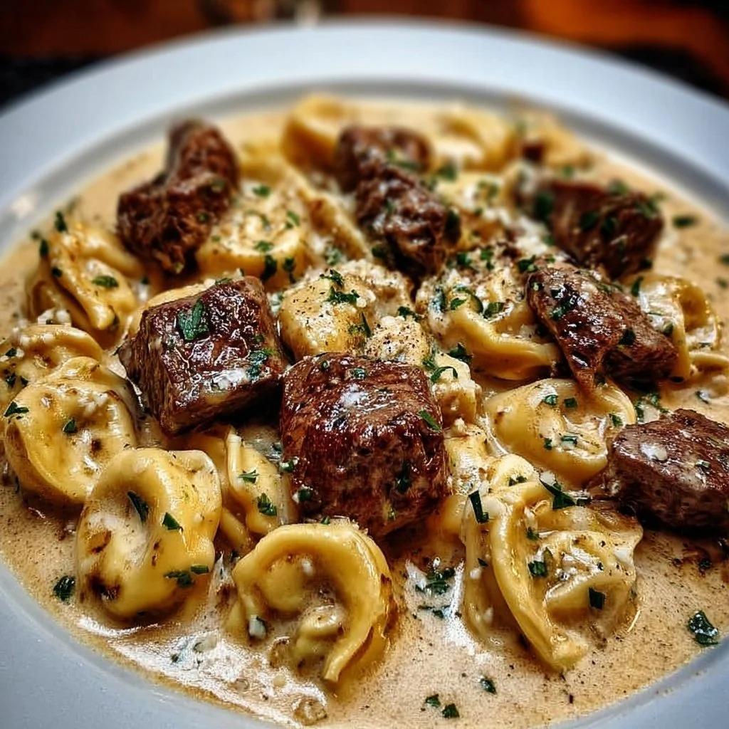 Cracked Garlic Steak Tortellini in creamy sauce served on a plate