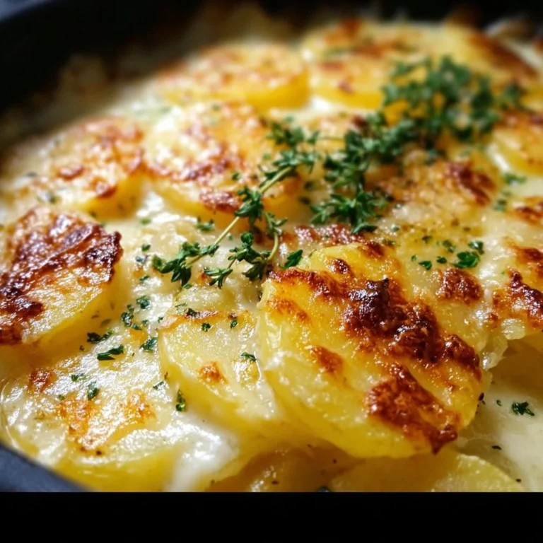 Delicious creamy French potato casserole topped with cheese and herbs