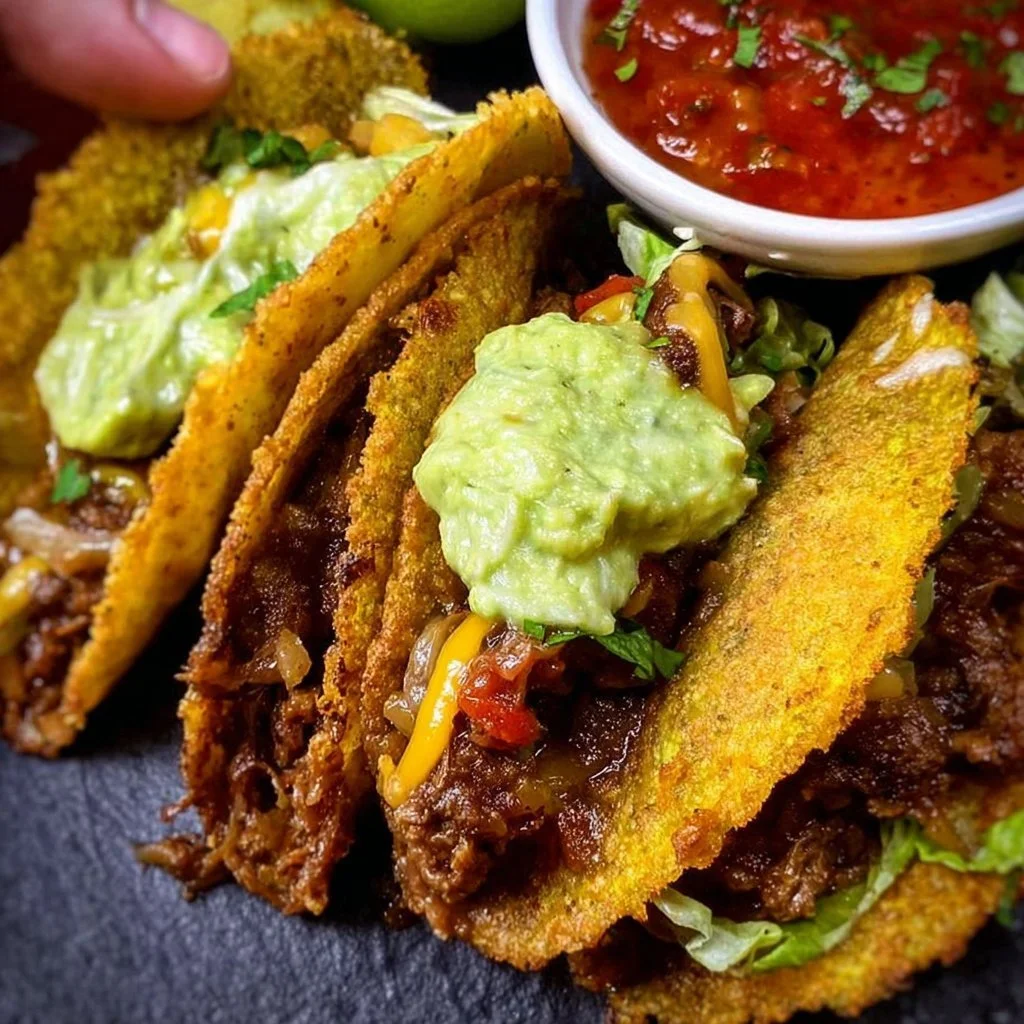 Plate of crispy beef tacos beautifully garnished with fresh toppings