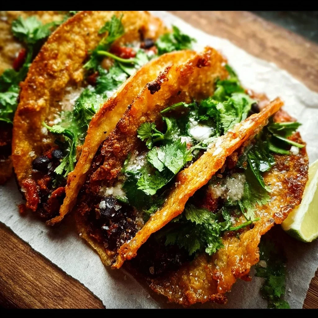 Crispy black bean tacos garnished with fresh toppings