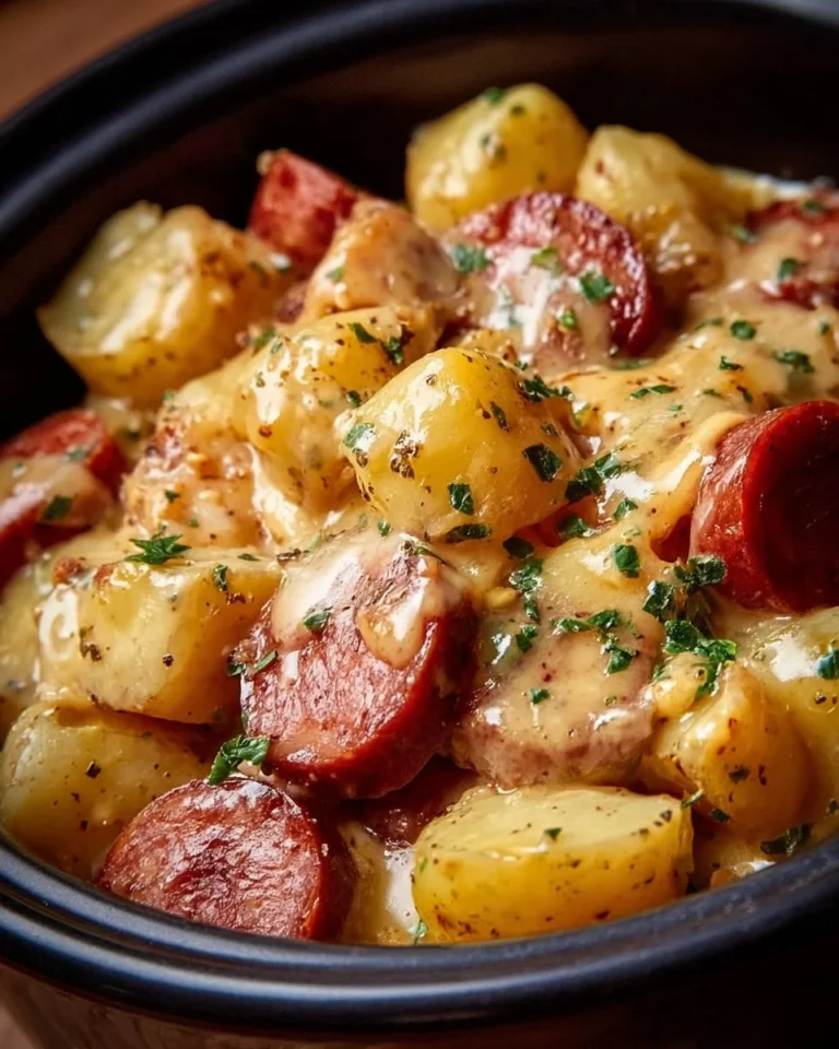 Crockpot cheesy potatoes with kielbasa served in a bowl, garnished and delicious.