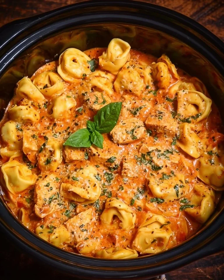 CrockPot Chicken Tortellini dish served in a bowl with herbs