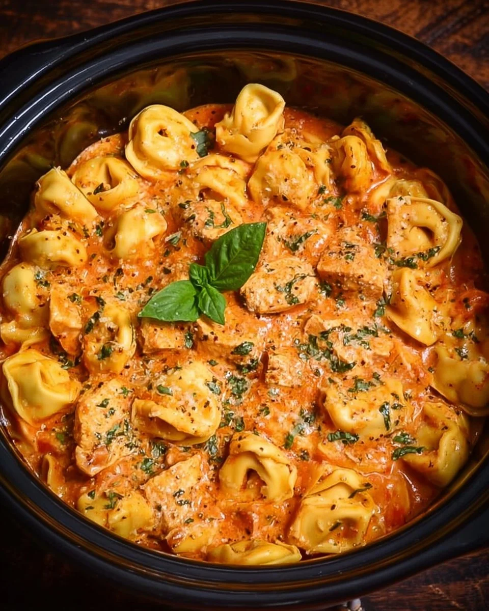 CrockPot Chicken Tortellini dish served in a bowl with herbs