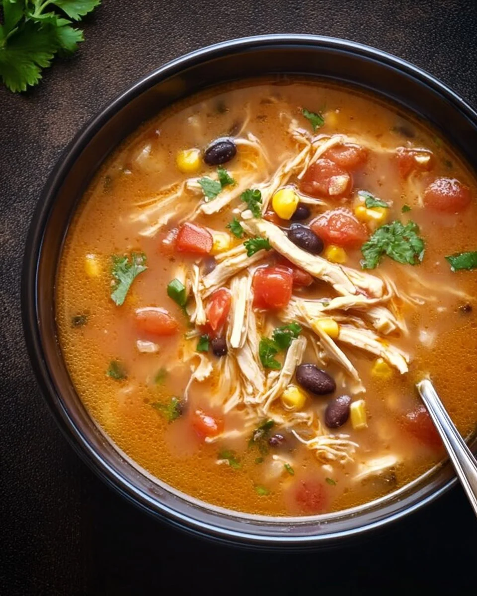 Delicious crockpot chicken tortilla soup with tortilla strips and toppings