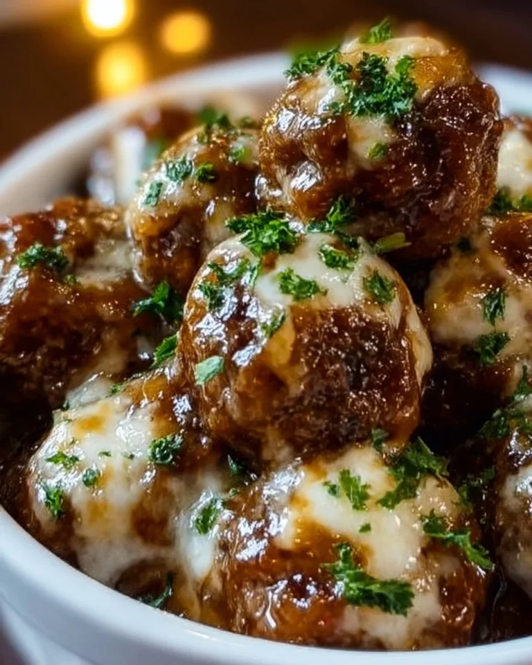 Delicious Crockpot French Onion Meatballs served with melted cheese