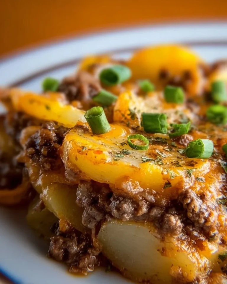 Crockpot Hamburger Potato Casserole in a serving dish with melted cheese and herbs