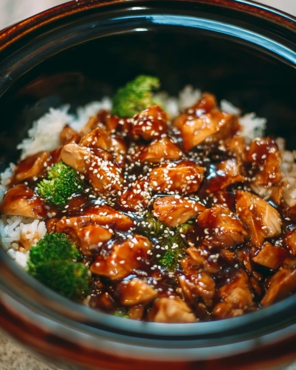 Slow-cooked teriyaki chicken in a crockpot, ready to serve.