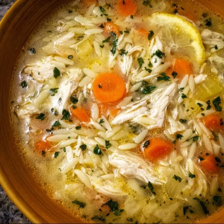 Bowl of Easy Lemon Chicken Orzo Soup with fresh herbs and lemon slices