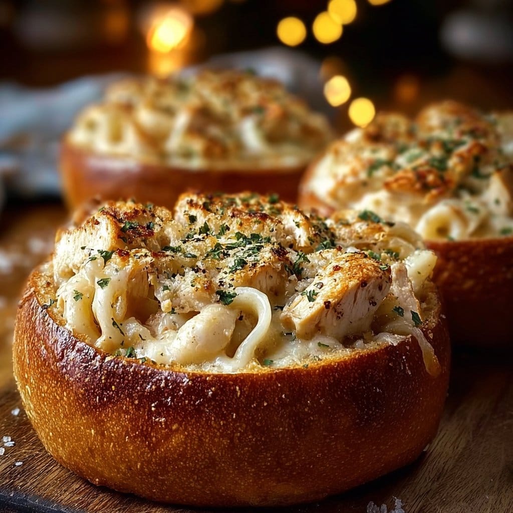 Chicken Alfredo Garlic Bread Bowls