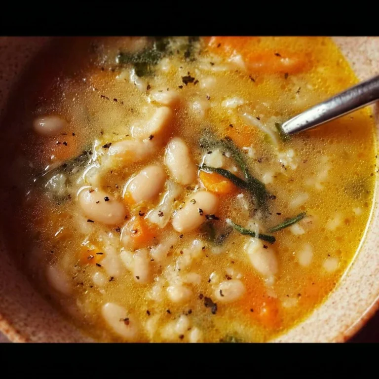 Delicious flavor-packed white bean soup in a bowl with herbs and vegetables
