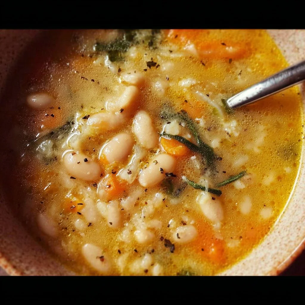 Delicious flavor-packed white bean soup in a bowl with herbs and vegetables