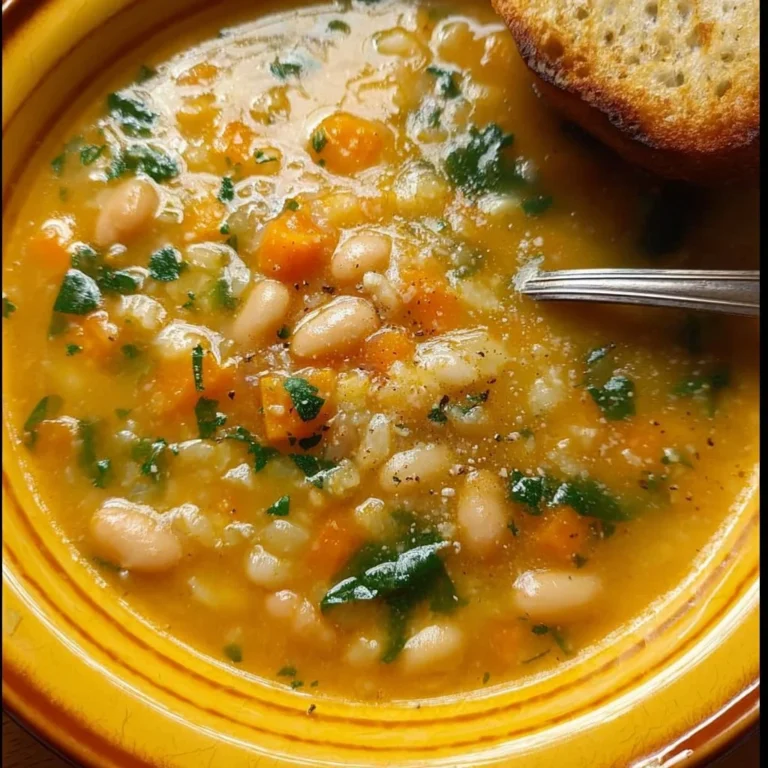 Delicious bowl of flavor-packed white bean soup garnished with herbs