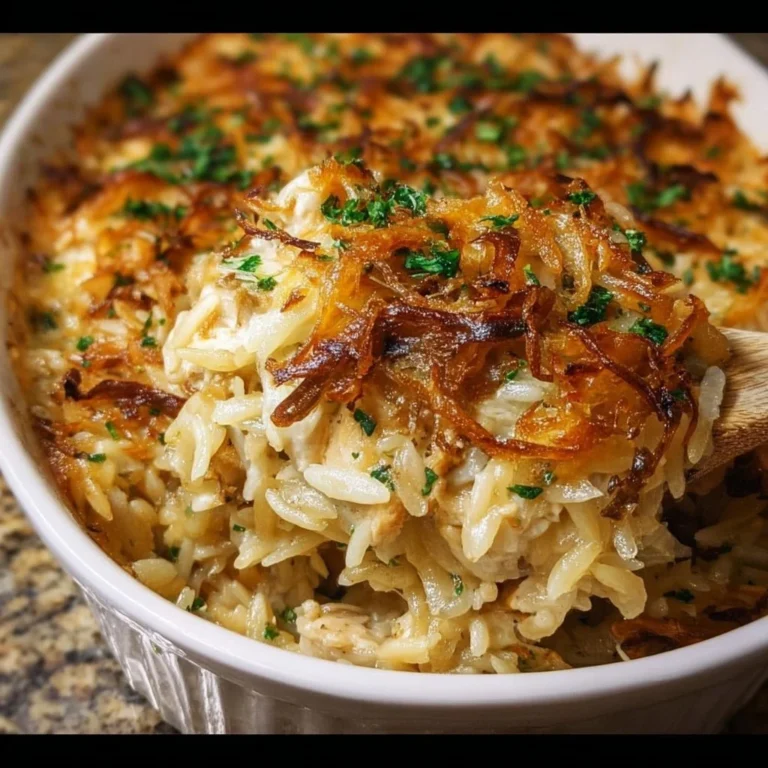 Delicious French Onion Chicken Orzo Casserole served in a dish