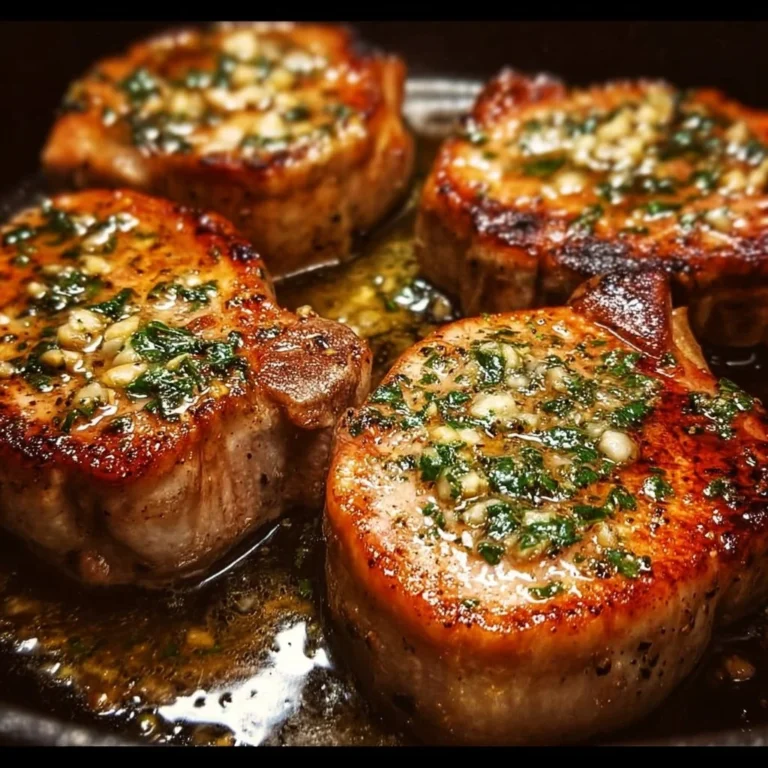 Garlic butter pan-seared pork chops served with herbs on a plate