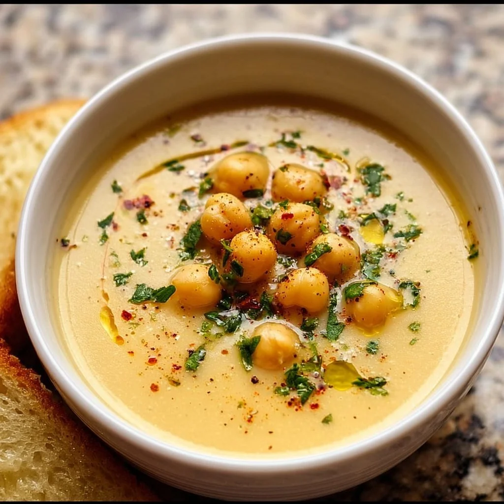 Bowl of Garlic Chickpea Soup garnished with herbs and spices