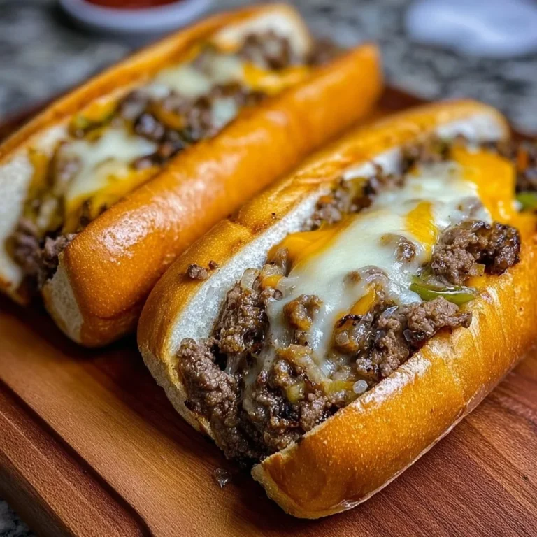 A delicious Ground Beef Philly Cheesesteak topped with cheese and peppers on a hoagie roll.