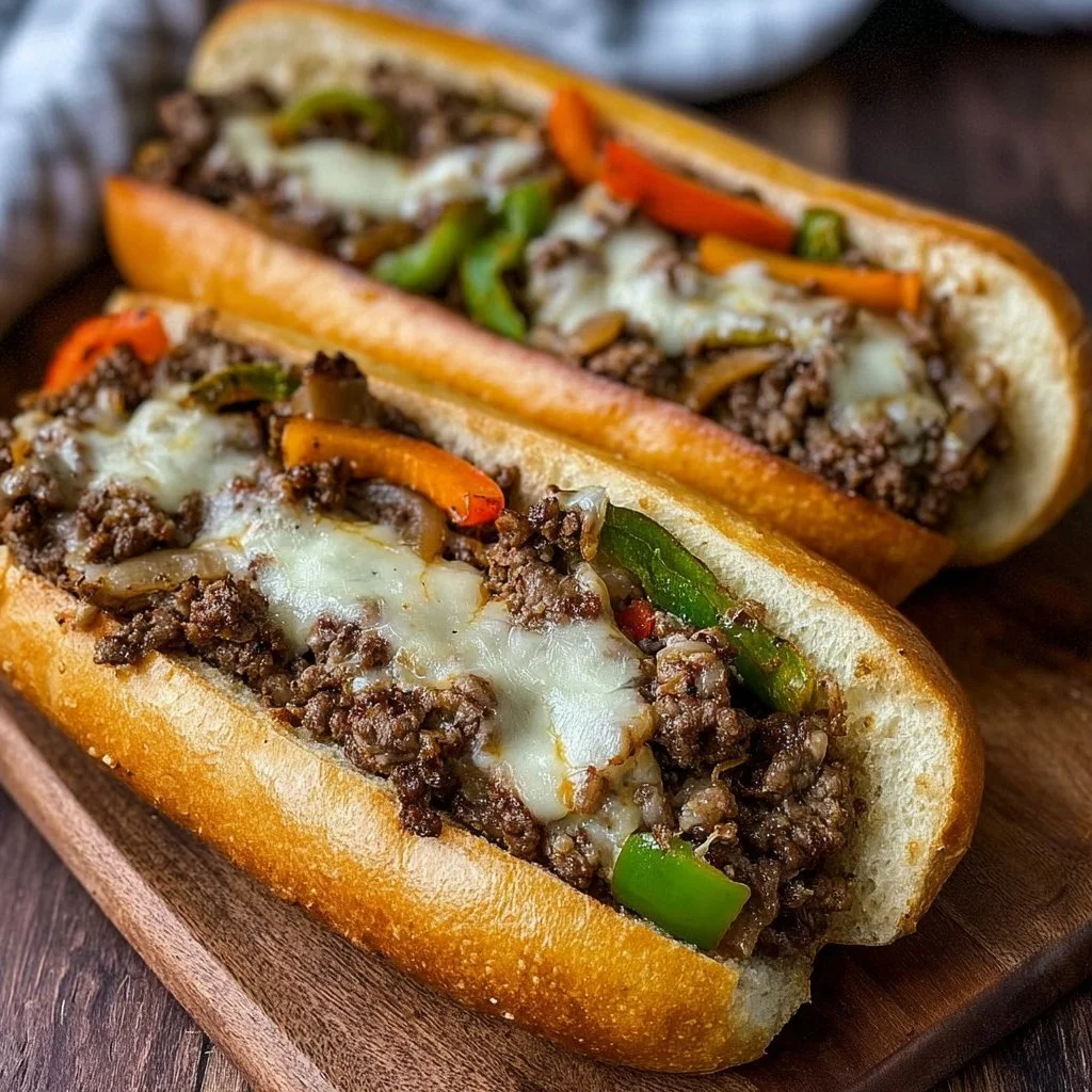 Ground Beef Philly Cheesesteaks served on a fresh hoagie roll with melted cheese