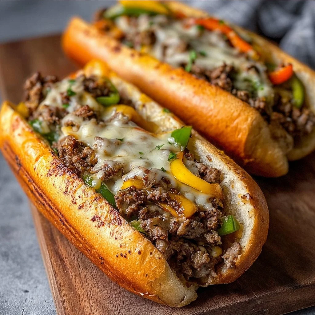 Delicious Ground Beef Philly Cheesesteaks served with melted cheese and peppers