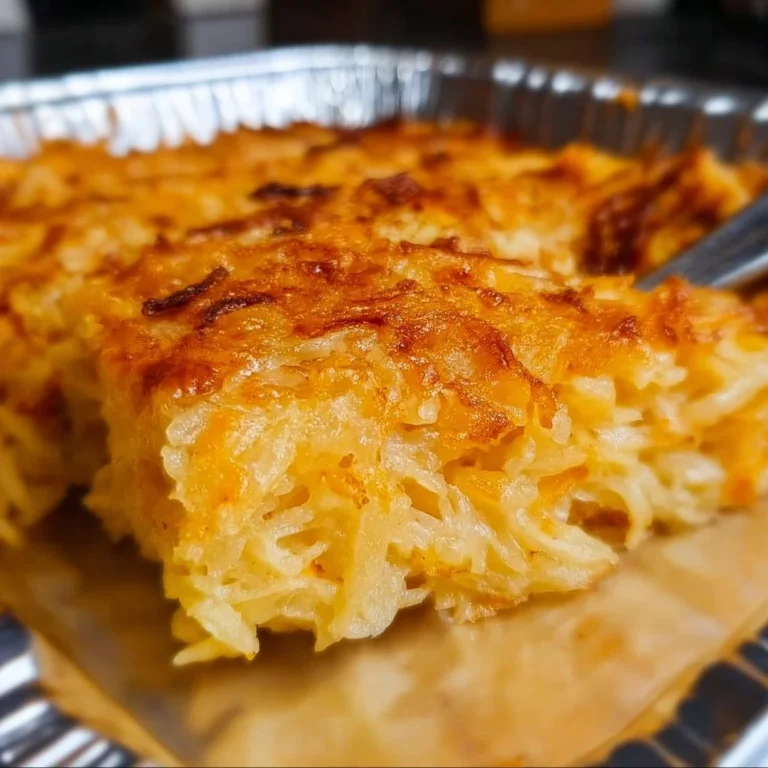 Cheesy Hashbrown Casserole served in a baking dish with golden crispy top.