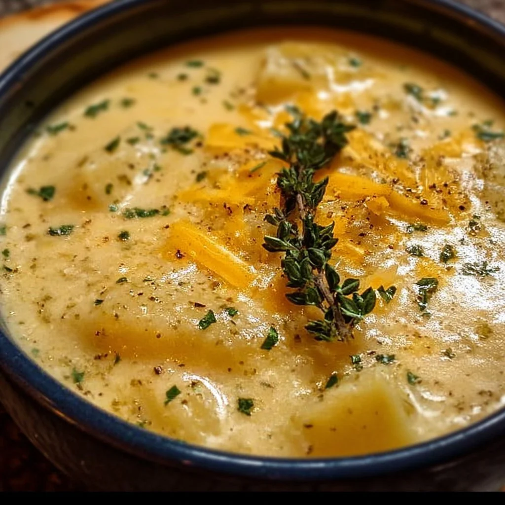 Bowl of hearty cheddar garlic herb potato soup with garnishes.