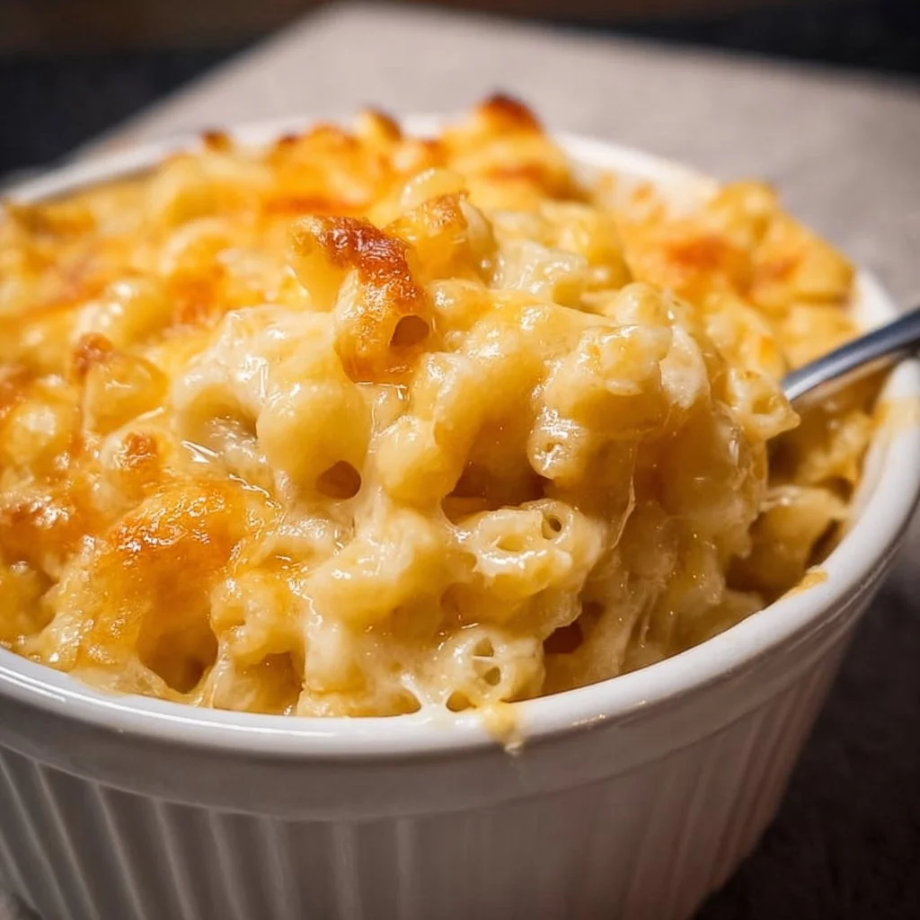 Creamy homemade mac and cheese in a baking dish, topped with breadcrumbs.