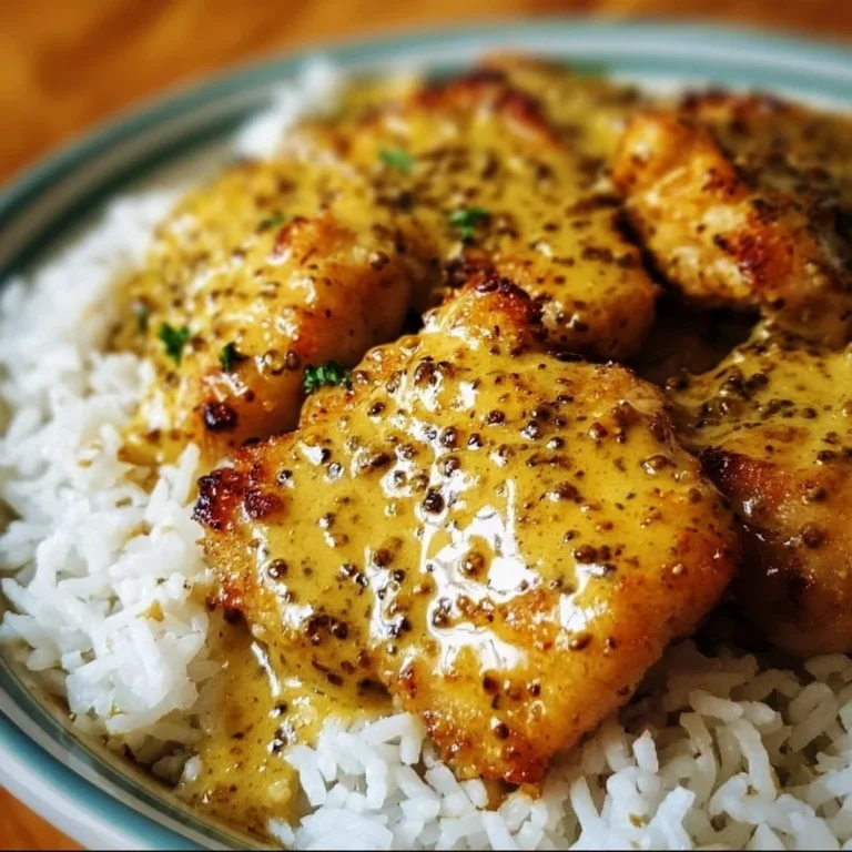 Honey mustard chicken served with fluffy rice on a plate