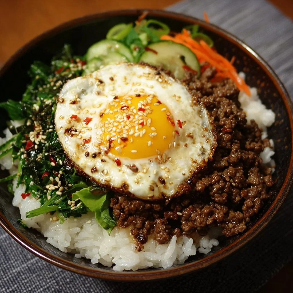 Delicious Korean Ground Beef Bowl with colorful vegetables and rice