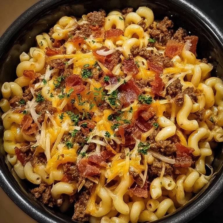 Delicious loaded bacon cheeseburger pasta topped with cheese and crispy bacon