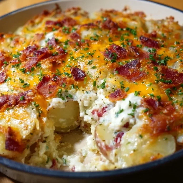 Loaded red potato casserole topped with cheese and bacon